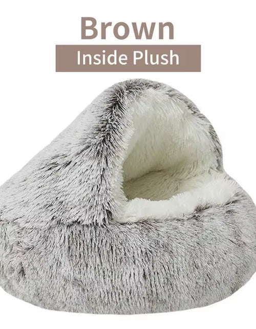 Load image into Gallery viewer, Plush Hooded Pet Bed round Fluffy Soft Cat Bed Pet Cushion Warm Cat Dog 2 in 1 Sleeping Nest Cave for Small Dogs