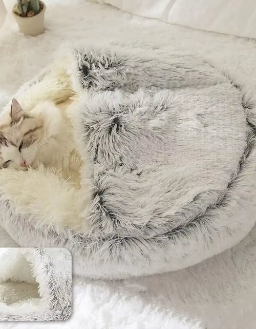 Load image into Gallery viewer, Plush Hooded Pet Bed round Fluffy Soft Cat Bed Pet Cushion Warm Cat Dog 2 in 1 Sleeping Nest Cave for Small Dogs