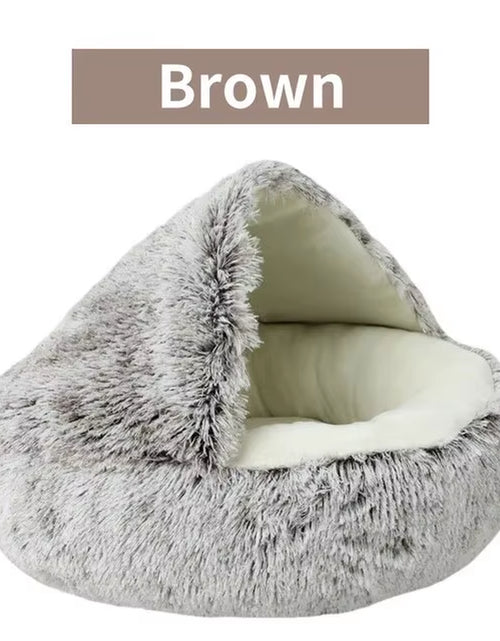 Load image into Gallery viewer, Plush Hooded Pet Bed round Fluffy Soft Cat Bed Pet Cushion Warm Cat Dog 2 in 1 Sleeping Nest Cave for Small Dogs