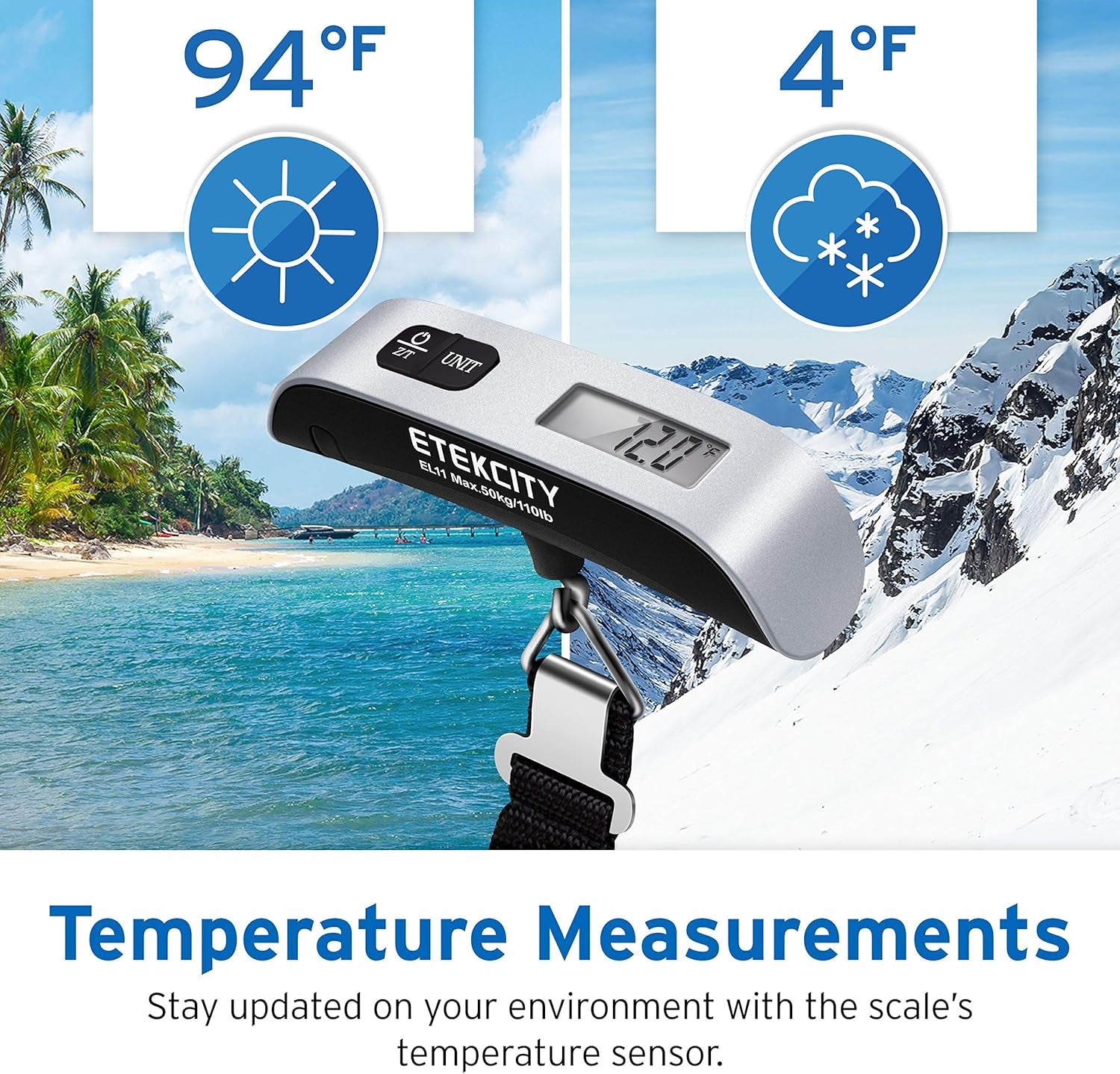 Luggage Scale, Digital Portable Handheld Suitcase Weight for Travel with Rubber Paint, Temperature Sensor, 110 Pounds, Battery Included