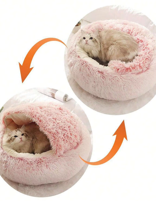 Load image into Gallery viewer, Plush Hooded Pet Bed round Fluffy Soft Cat Bed Pet Cushion Warm Cat Dog 2 in 1 Sleeping Nest Cave for Small Dogs