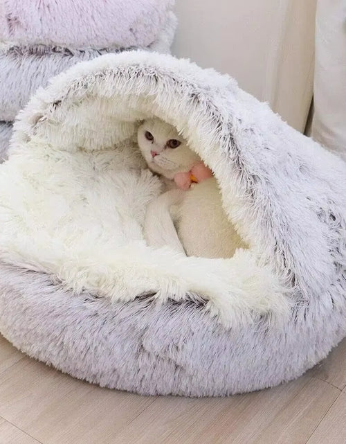 Load image into Gallery viewer, Plush Hooded Pet Bed round Fluffy Soft Cat Bed Pet Cushion Warm Cat Dog 2 in 1 Sleeping Nest Cave for Small Dogs