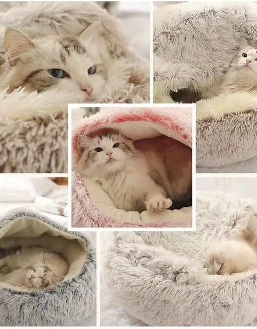 Load image into Gallery viewer, Plush Hooded Pet Bed round Fluffy Soft Cat Bed Pet Cushion Warm Cat Dog 2 in 1 Sleeping Nest Cave for Small Dogs