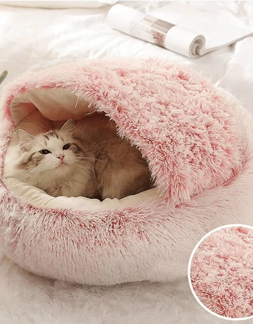 Load image into Gallery viewer, Plush Hooded Pet Bed round Fluffy Soft Cat Bed Pet Cushion Warm Cat Dog 2 in 1 Sleeping Nest Cave for Small Dogs