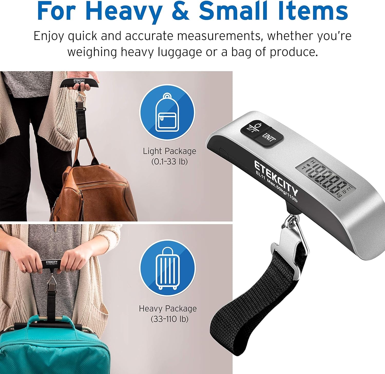 Luggage Scale, Digital Portable Handheld Suitcase Weight for Travel with Rubber Paint, Temperature Sensor, 110 Pounds, Battery Included