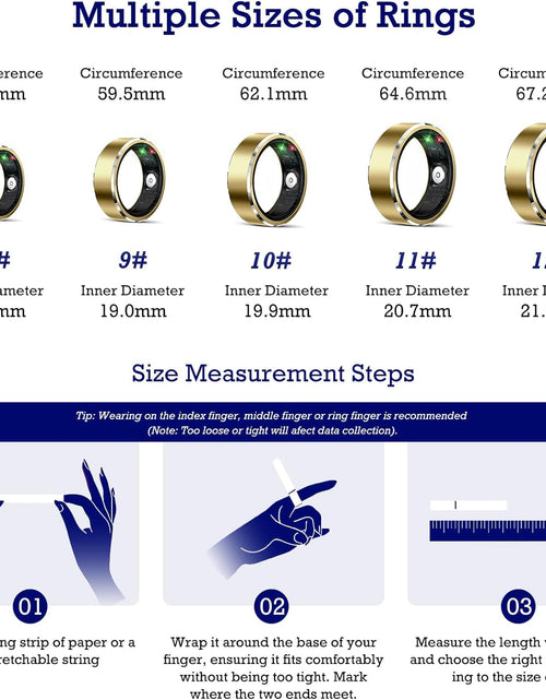 Load image into Gallery viewer, Smart Ring Health Tracker, Sleep Tracker Ring with Heart Rate, Waterproof Fitness Ring for Activity Monitoring/Steps/Distance/Calories,Air Gestures,Up to 7-Day Battery,For Ios Android (Light Gold,#12)