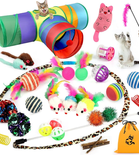 37 PCS Cat Toys, Interactive Kitten Toys for Indoor Kitty, Variety Catnip Toy Set Including Collapsible Cat Tunnel Tube Tent