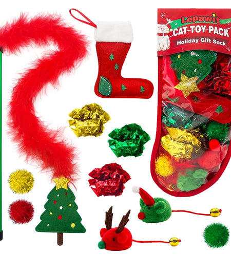 Cat Christmas Stocking, 10 Pack Christmas Cat Toys, Interactive Cat Feather Toy with Catnip, Ball