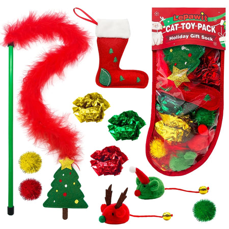 Cat Christmas Stocking, 10 Pack Christmas Cat Toys, Interactive Cat Feather Toy with Catnip, Ball