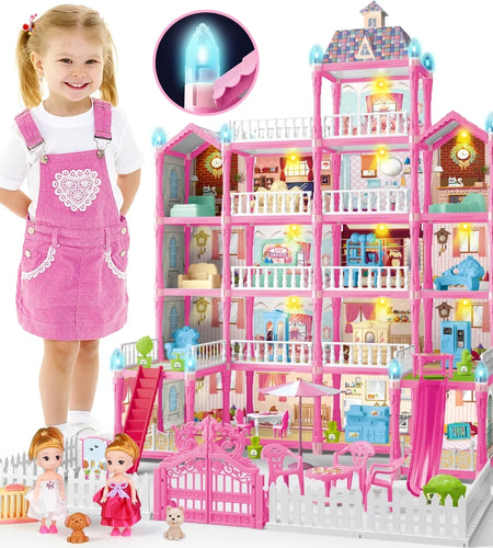 Doll House for Girls, 5-Story 19 Rooms Huge Dollhouse Playset with LED Lights, 2 Dolls, Furnitures, Accessories, DIY Pretend Play House Toys Gifts for Kids, Pink