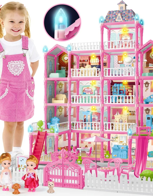 Load image into Gallery viewer, Doll House for Girls, 5-Story 19 Rooms Huge Dollhouse Playset with LED Lights, 2 Dolls, Furnitures, Accessories, DIY Pretend Play House Toys Gifts for Kids, Pink
