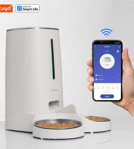 Wifi Automatic Cat Feeders for 2 Cats, 4L Cat Food Dispenser with APP Control, Double Stainless Steel Bowls, Low Food Alarms