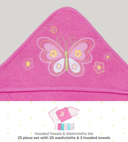 Bath Hooded Towels & Washcloths Set for Babies, 23-Piece Gift Set, Pink Butterfly