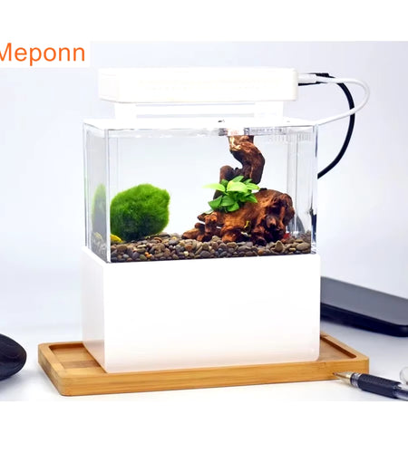 1.5L Mini Betta Fish Tank Aquarium Desktop Decorations Marine Aquaponic Fishes Bowl with Water Fliter USB Air Pump LED Light