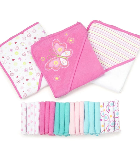 Bath Hooded Towels & Washcloths Set for Babies, 23-Piece Gift Set, Pink Butterfly