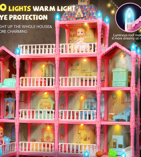 Doll House for Girls, 5-Story 19 Rooms Huge Dollhouse Playset with LED Lights, 2 Dolls, Furnitures, Accessories, DIY Pretend Play House Toys Gifts for Kids, Pink