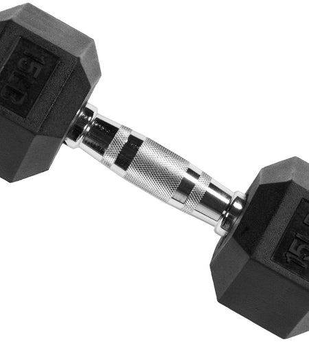Rubber Encased Hex Dumbbell, 15Lbs, Single