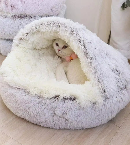 Plush Hooded Pet Bed round Fluffy Soft Cat Bed Pet Cushion Warm Cat Dog 2 in 1 Sleeping Nest Cave for Small Dogs