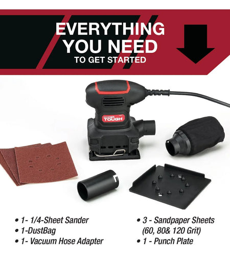 2 Amp Corded 1/4 Sheet Palm Sander with Dust Bag, Vacuum Hose Adapter, Punch Plate & 3 Sanding Sheets, New Condition