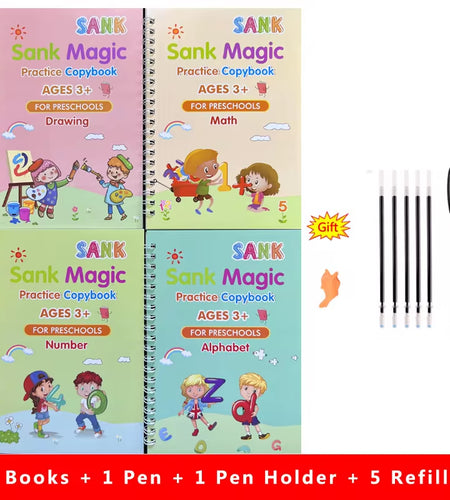 4Pcs Sank Magic Practice Copybook Pen Preschools Kids Calligraphy English Verison Free Wiping Children Reusable Writing Book