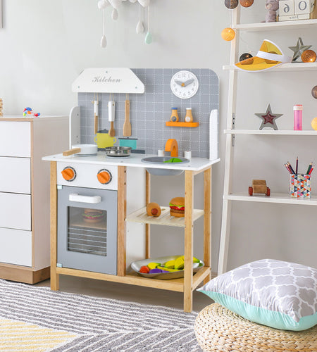 Wooden Toddler Pretend Kitchen Set with Cookware Accessories for Boys and Girls