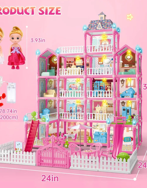 Load image into Gallery viewer, Doll House for Girls, 5-Story 19 Rooms Huge Dollhouse Playset with LED Lights, 2 Dolls, Furnitures, Accessories, DIY Pretend Play House Toys Gifts for Kids, Pink
